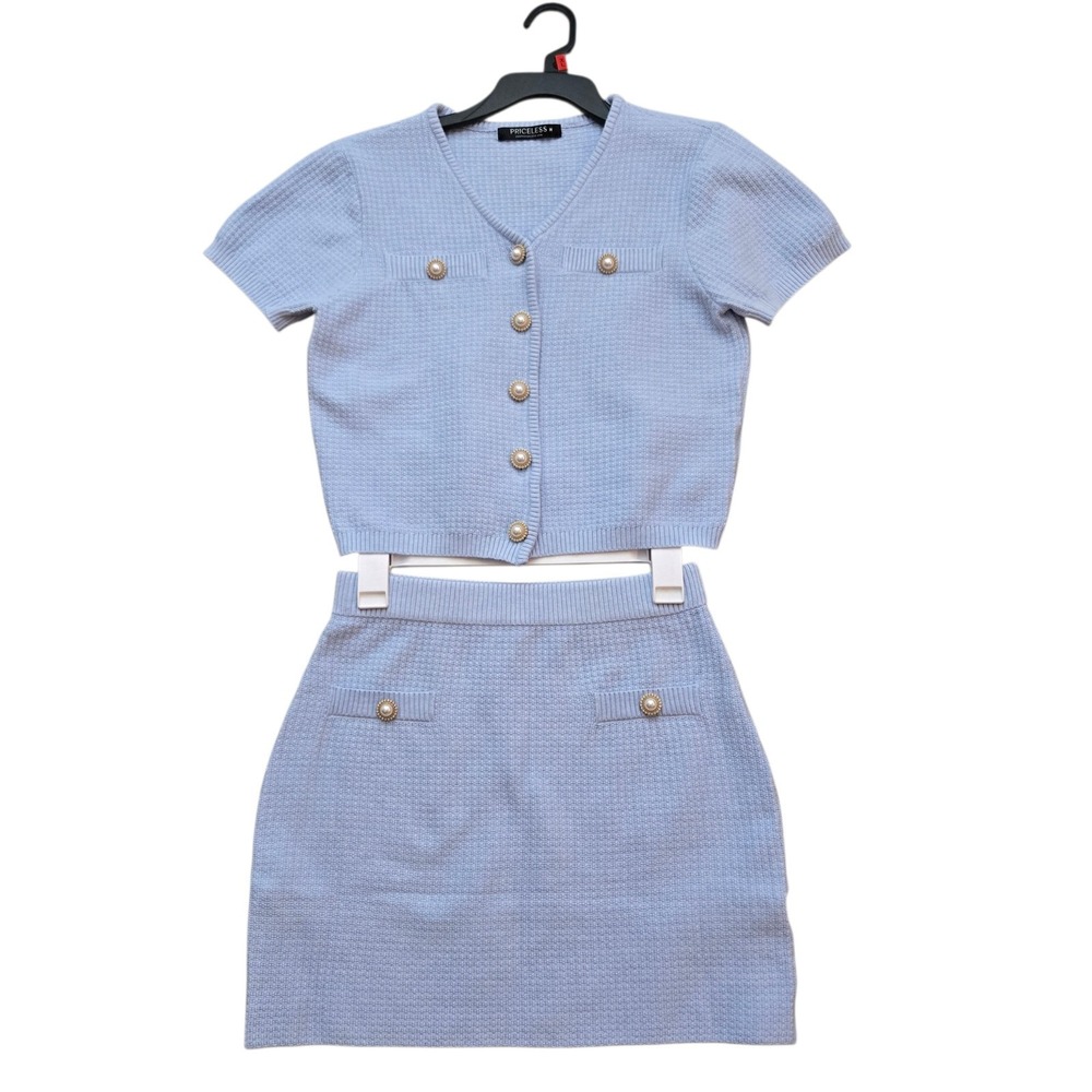 Priceless Knit Skirt Suit Womens Medium Blue Mini Skirt Cropped Pearl Button